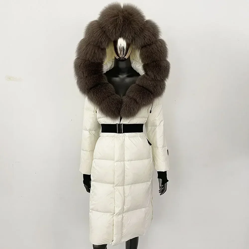 

Down Coat Women Winter Real Fox Fur Collar Hooded Fur Jacket Thick Autumn Hat Detachable X-long White Duck Down Jacket Overwears