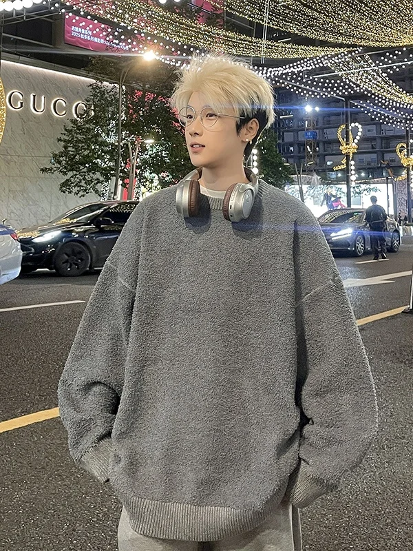 

American Lazy Sle round Ne Sweater Men's Winter Heavyweight Loose Couple Knitted irt Trendy Inner Wear Line irt Coat