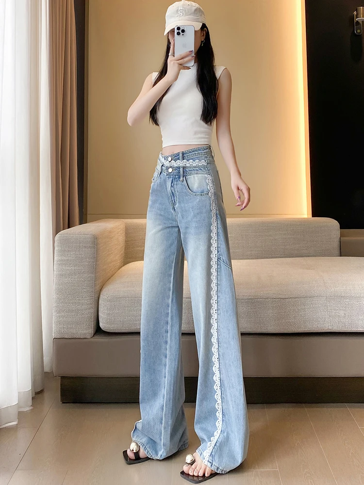 Pantalones vaqueros de pierna ancha de encaje Retro para mujer, pantalones de cintura alta de diseño de verano, pantalones vaqueros de corte recto hasta el suelo, pantalones informales de mezclilla