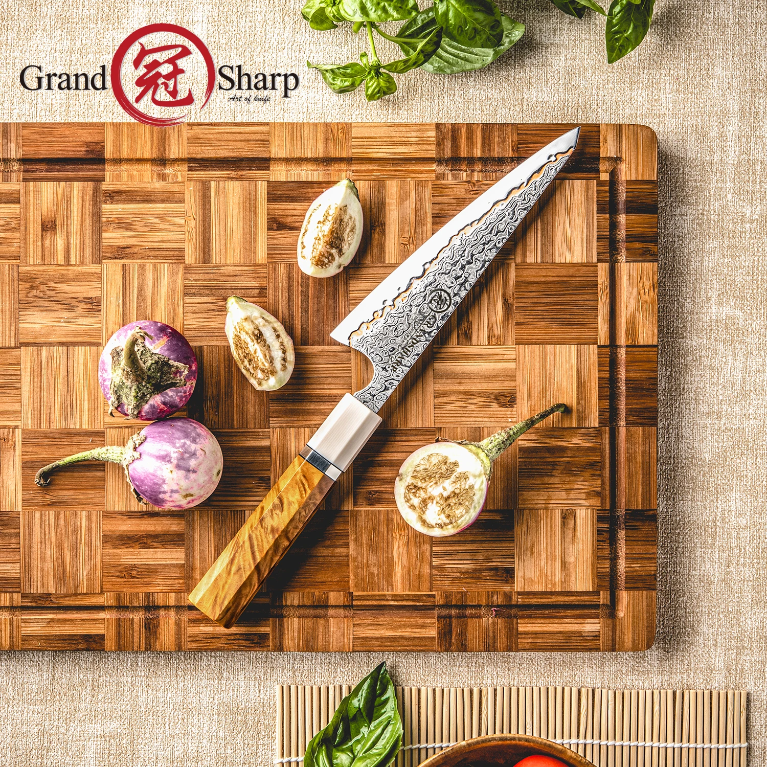 Grandsharp 6''Utility Knife 55 Layers Copper Damascus 10Cr15CoMoV Core Solidified Wood Handle All Purpose Fruit Vegetable Cutter