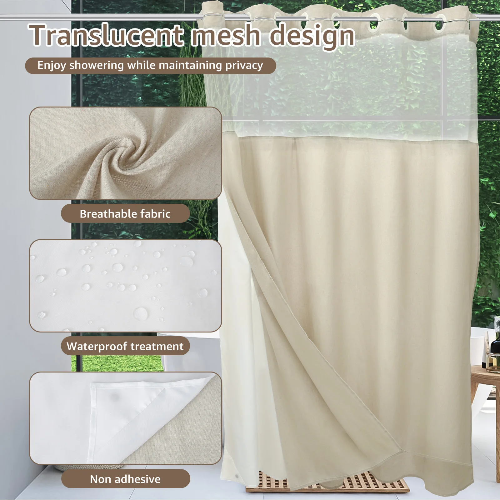 Shower Curtain with Snap in Removable Liner Polyester Cotton No Hook Shower Curtain Waterproof Bathtub Shower Curtain for Home
