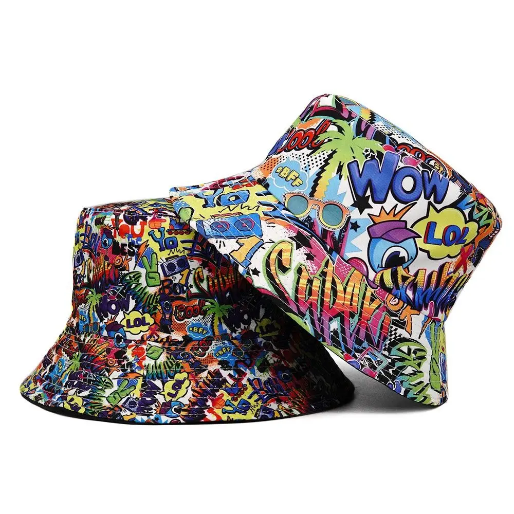 

Spring Summer Graffiti Sunscreen Bucket Hats Sun Protection Double-Sided Fishing Cap Foldable Breathable Beach Cap Women Men