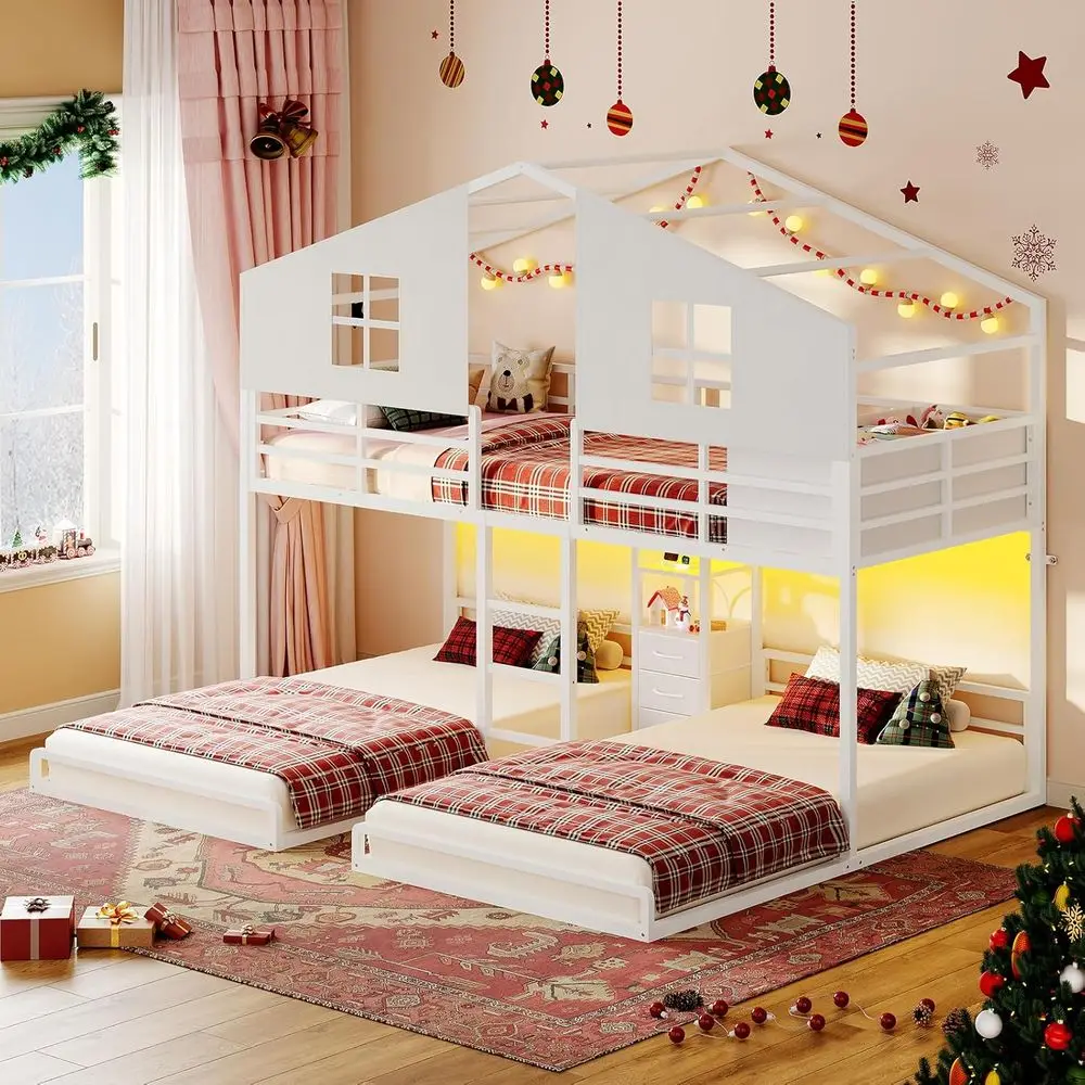 

Трехъярусная кровать Twin Size с игровым домиком, 4 ящиками, зарядной станцией, светодиодной подсветкой, защитным ограждением и игровой занавеской, белый металлический каркас