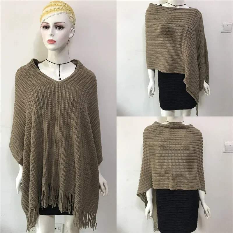 2025 ฤดูใบไม้ผลิฤดูใบไม้ร่วงเสื้อกันหนาวเสื้อถักเรขาคณิต Splicing หลวม Poncho Cape ผู้หญิงเสื้อเสื้อคลุมผ้าคลุมไหล่ครีมกันแดดผ้าคลุมไหล่สีม่วง