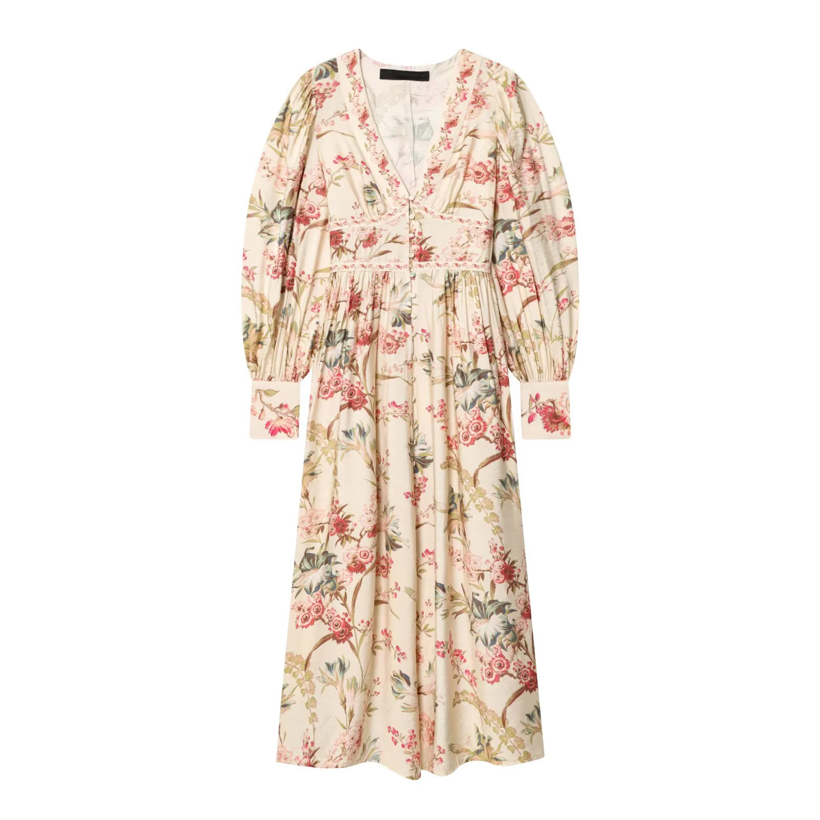 YENKYE Nieuwe 2026 Vrouwen Vintage Bladerdeeg Mouw V-hals Bloemenprint Jurk Voorste Knop A-lijn Midi Vakantie Zomer Boho Jurken