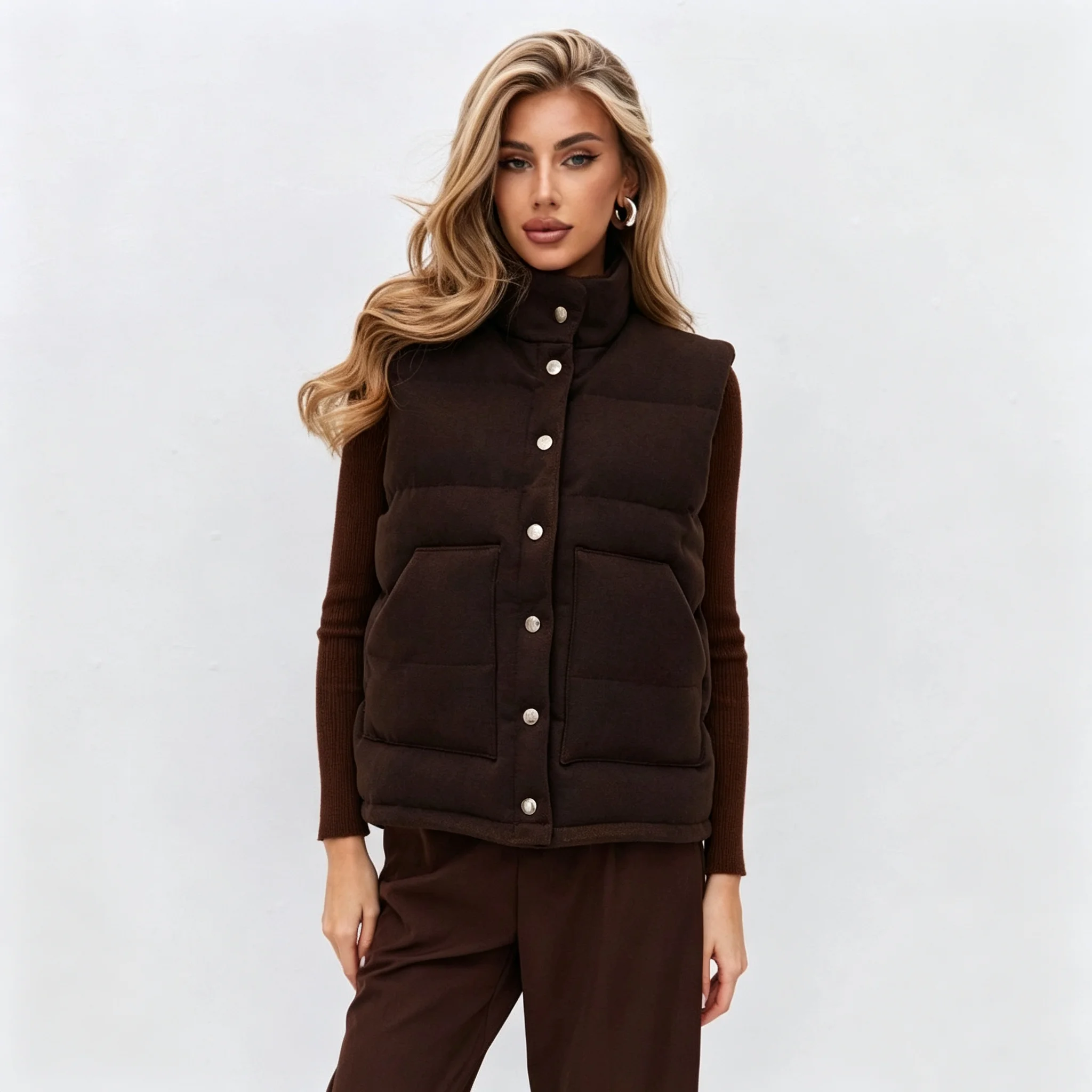 RU Women Sleeveless Puffer Vest Stand Collar Snap Buttons Quilted Loose Short Fit Warm Ladies Layering Gilet Waistcoat