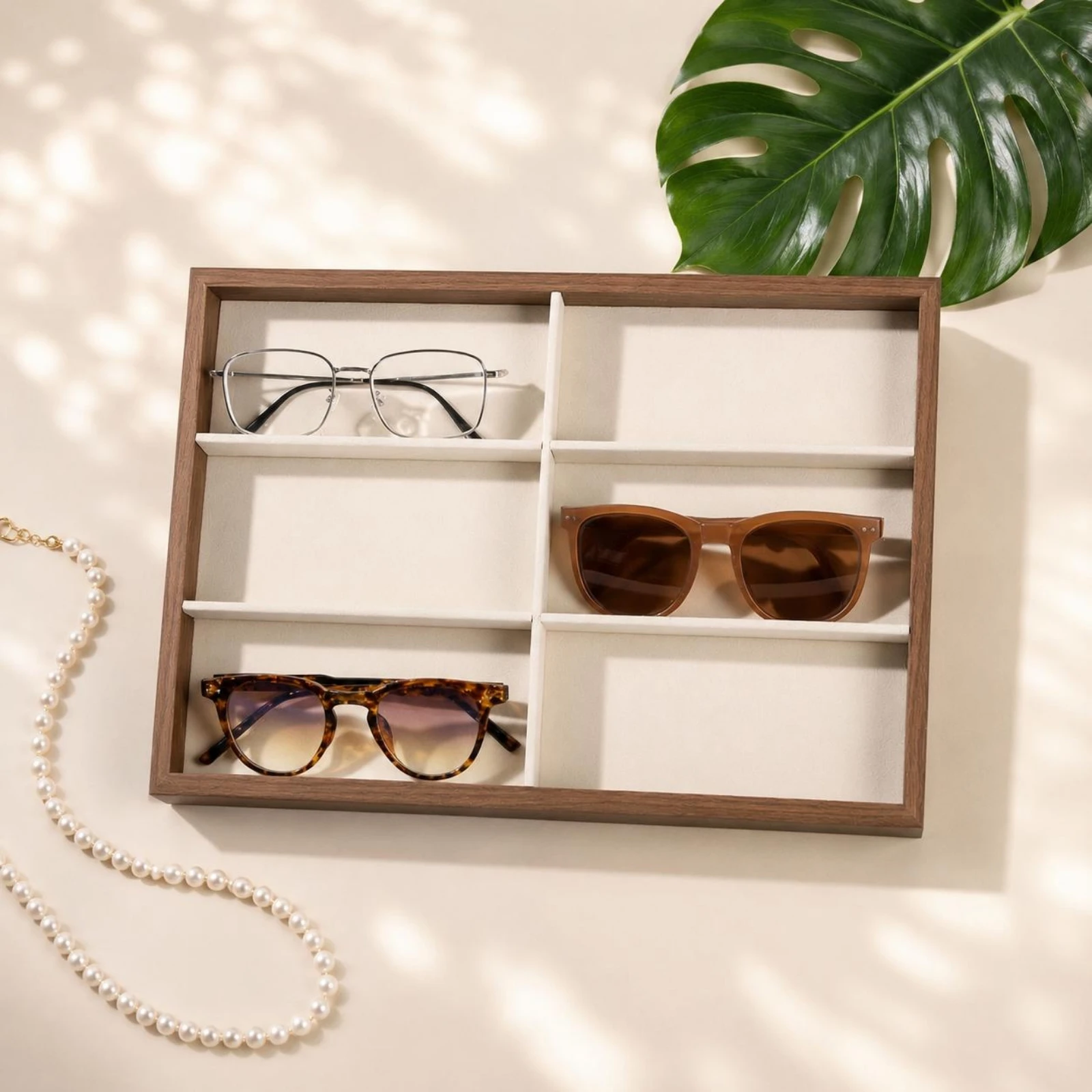 

Wooden Eyeglass Display Box Divided Interior 6-Compartment Display Box Lined Insert Rectangular