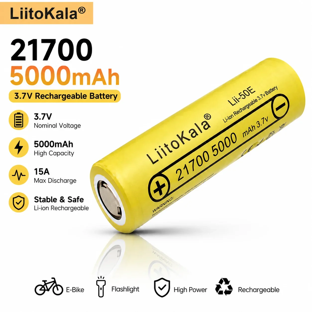 21700 5000mAh 3.7V Li-ion Rechargeable Replacement Battery Cell, 15A High Discharge, for E-Bike, Flashlight and Electric Tool