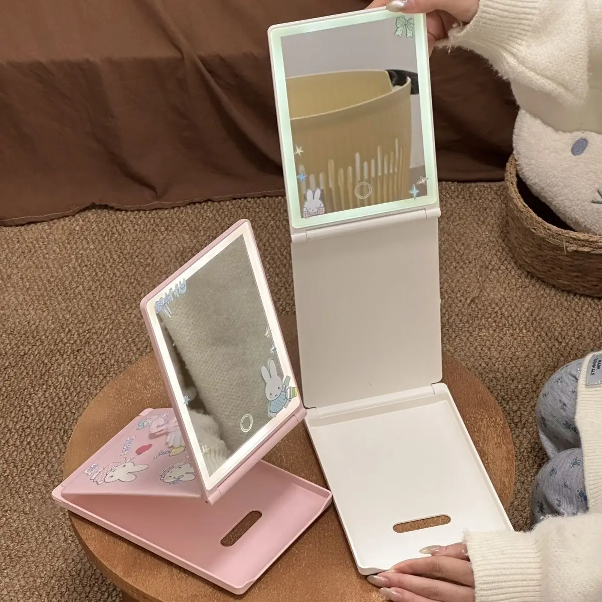 Kawaii Miffy Led Makeup Mirror Foldable Desktop Vanity Mirror High Aesthetic Gift for Best Friend Birthday Present Cartoon