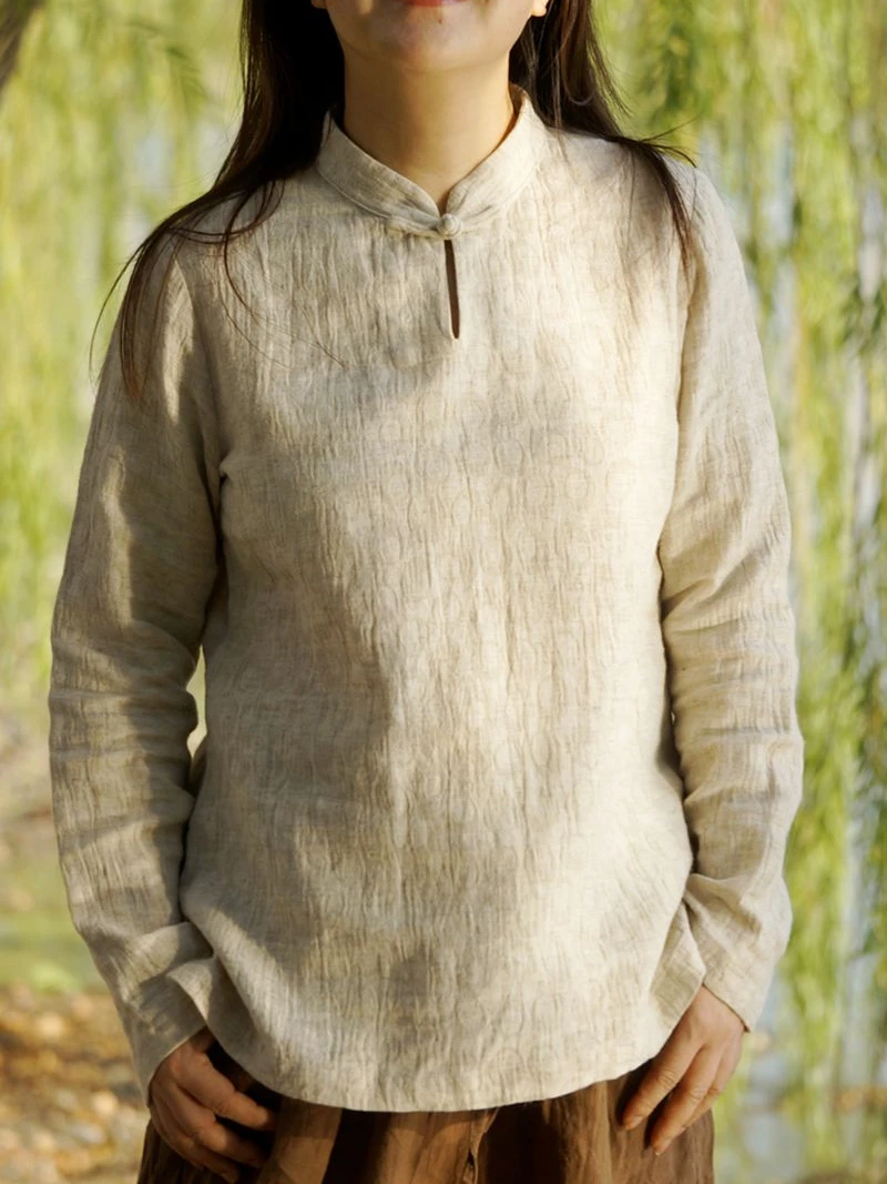 

Chic Chinese Sle Long Sve Cotton Linen Base irt with Floral Embroidery Stand Collar Women's Spring Autumn Top