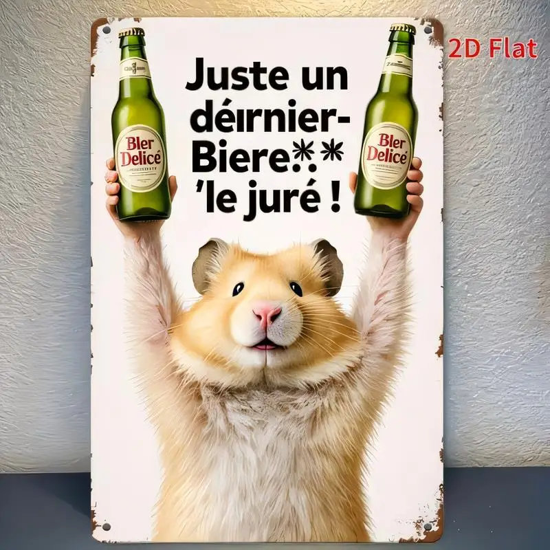 Hamster & Beer Bottles Vintage Metal Tin Sign - Retro French Humor Design, Iron Wall Art for Bars, Home Decor, Man Caves