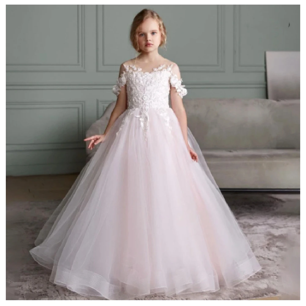 Lovely Applique Tulle Puffy Princess Flower Girl Dress for Wedding Party Child First Eucharistic Birthday Party Dress Customized