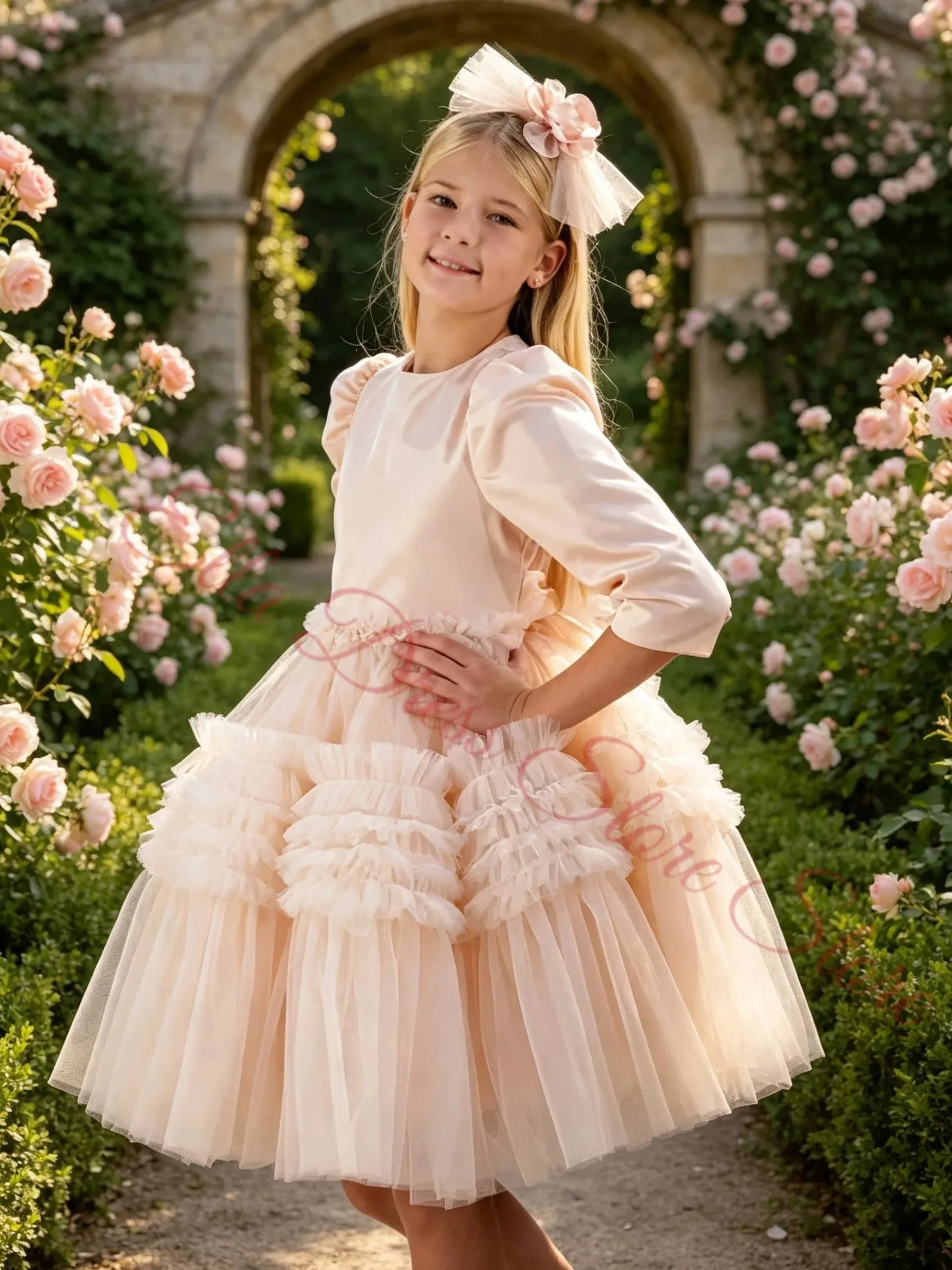 Einfach Anpassbares Blumenmädchenkleid für Hochzeiten, Satin-Tüll, Knielang, Kindergeburtstagsfeier, Erstkommunion, Ballkleid, Großhandel – Detail 2