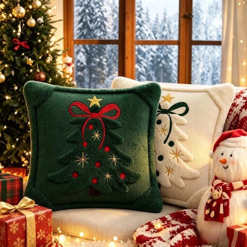Fabric Christmas Pillowcase Soft Texture Embroidered Bow & Star Christmas Throw Pillow Cover Insert Not Included