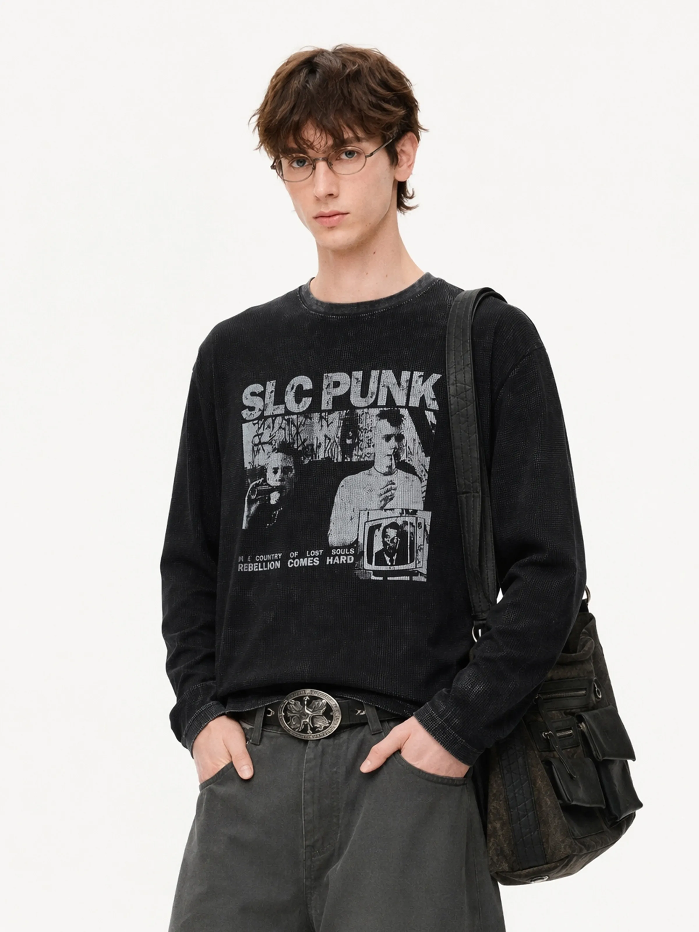 Black Washed Long Sleeve T Shirt Vintage Portrait Poster Print Punk Street Loose Unisex Top