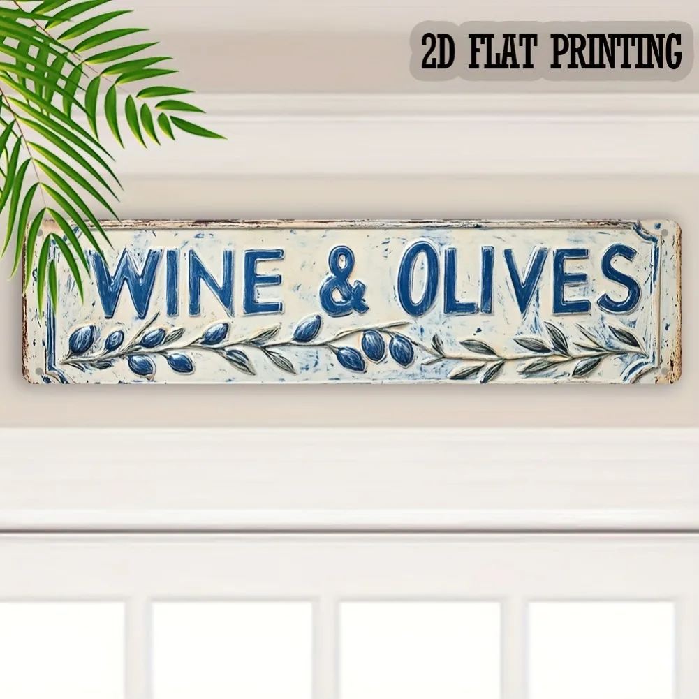 Letrero de Metal plano 2D de hierro rústico, Vintage, Grecia, vino y aceitunas, fácil de colgar, decoración de pared para cafetería, granja y jardín, 4x16 ", 1 ud.