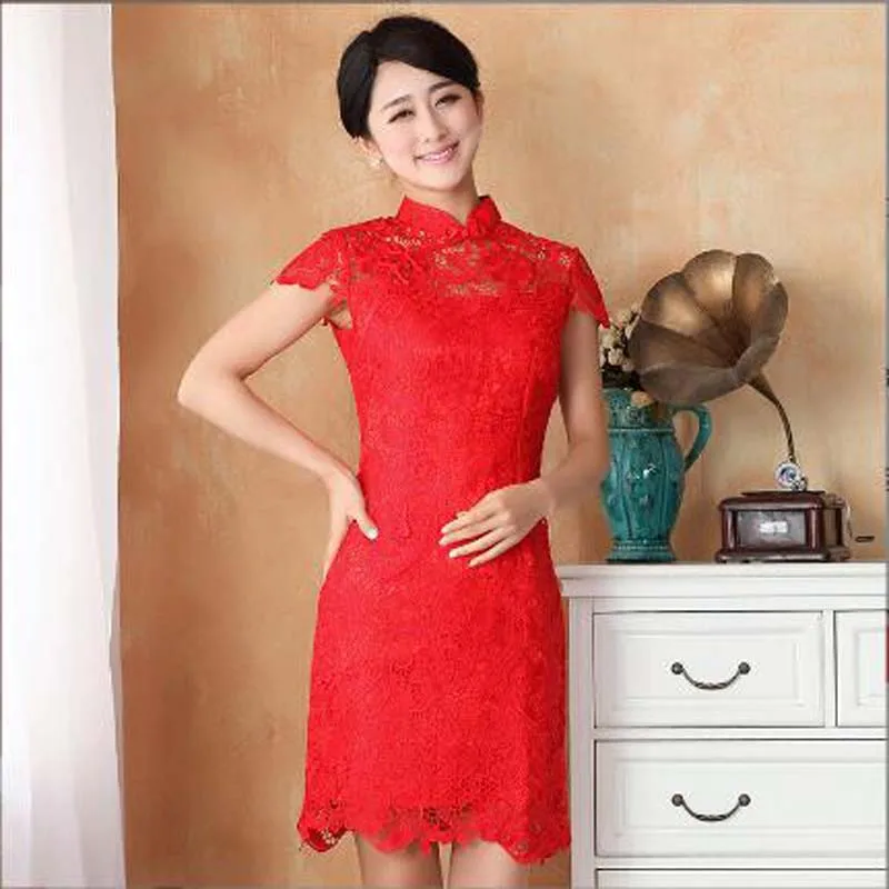 Wholesale New Chinese Women Lace Dress High Quality Satin Cheongsam Elegant Slim Dresses Wedding Party Midi Skirts Qipao Dress