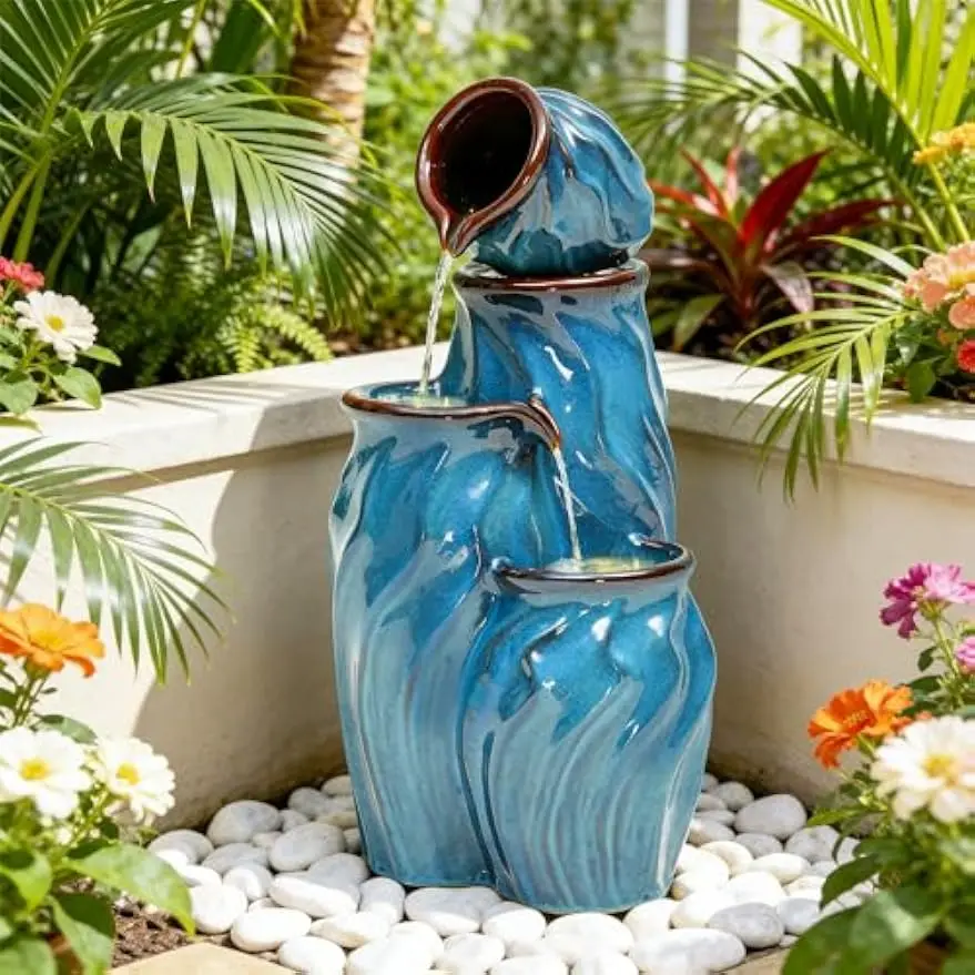 Outdoor Water Fountain Turquoise Stacked Ceramic Pots Four Tier Wave Texture Waterfall Garden Patio Porch Decor