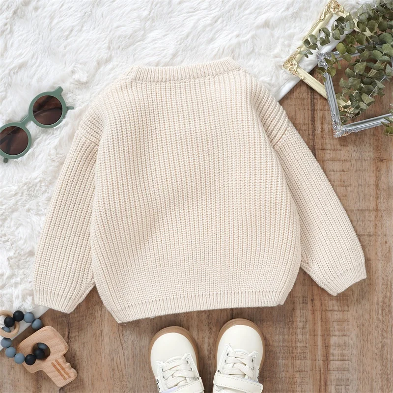 Suefunskry Baby Girl Boy Knitted Sweater Long Sleeve Round Neck Letter Embroidery Pullover Infant Fall Winter Warm Knitwear Tops