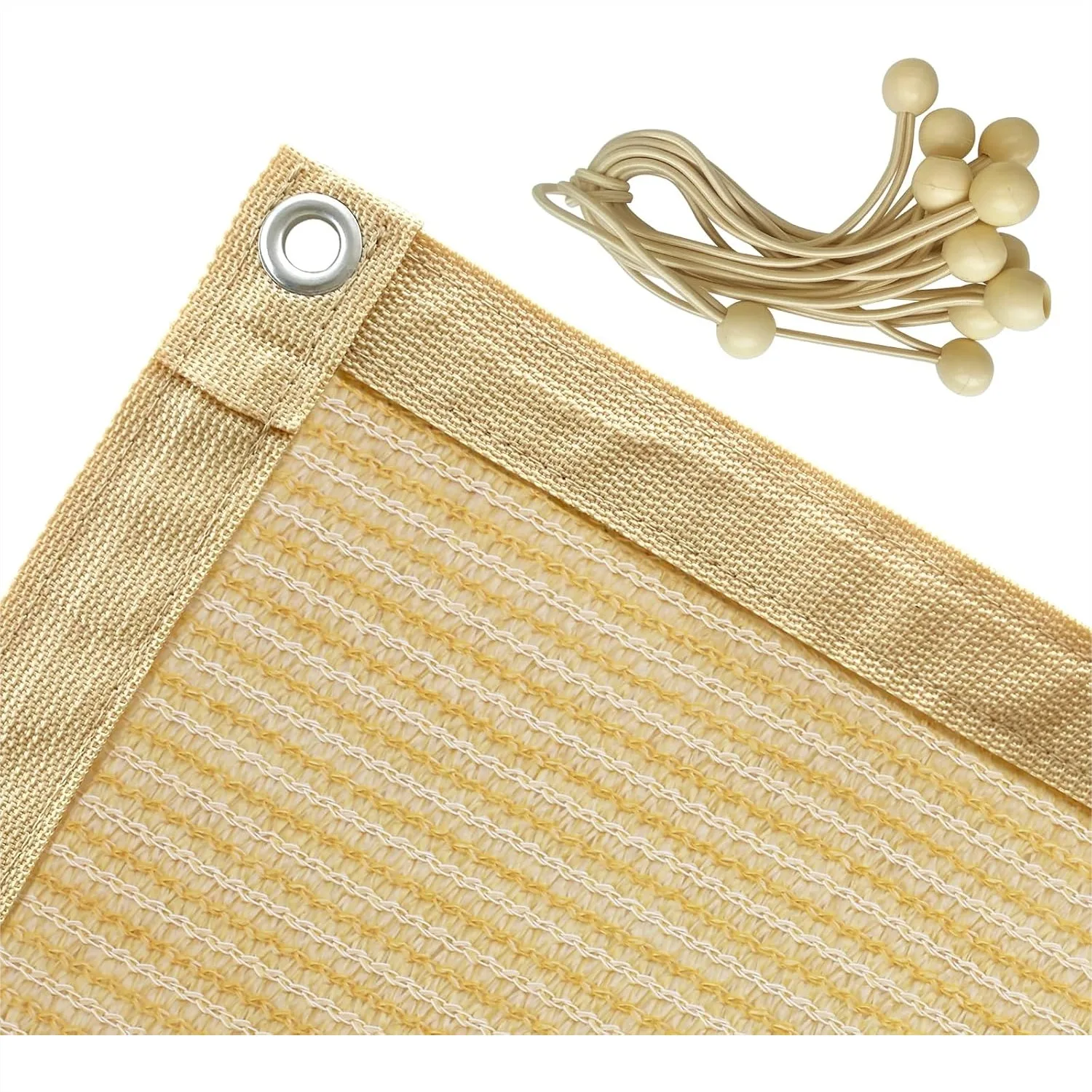Sun Shade 10x10 ft Cloth with Grommets for Pergola Canopy, Taped Edges, 90% UV Block, Wheat, 12 Bungee Balls
