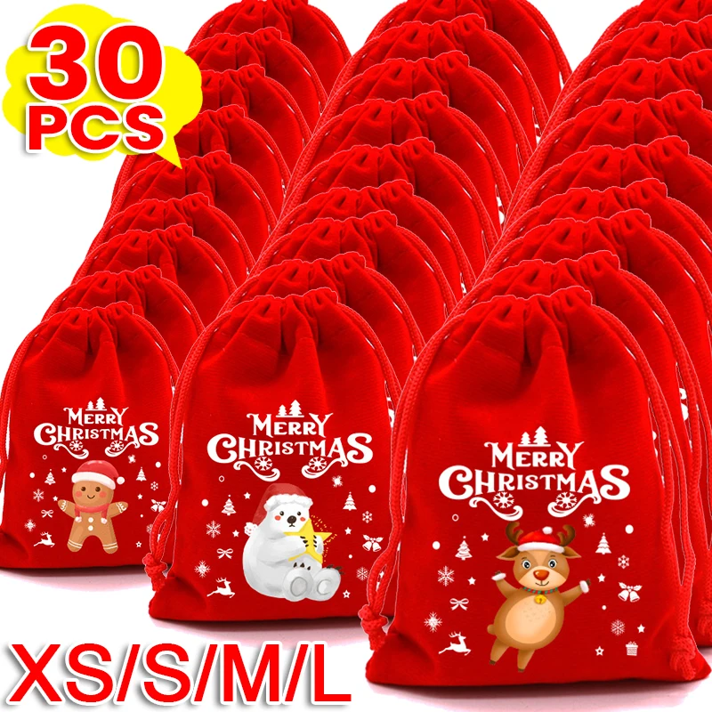 1/30szt Świąteczne torby na prezenty Czerwony aksamitny woreczek ze sznurkiem Luzem Santa Candy Packaging Snack Wrapping Bag Wedding Party Favors Decor