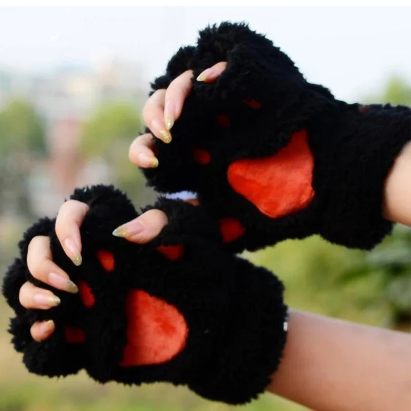 Cartoon Cute Cat Claw Paw Gloves Women Plush Mittens Warm Soft Plush Short Fingerless Fluffy Bear Cat Gloves Costume Half Finger