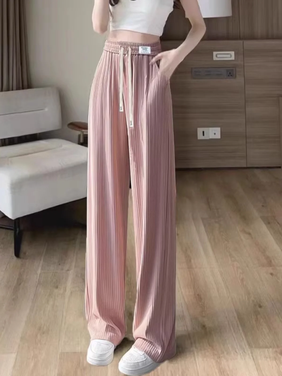 レディースサマー薄氷シルクゆったりワイドレッグパンツカジュアルストレートチューブトラウザーズハイウエスト九分丈中国ブランド女性用ジーンズ