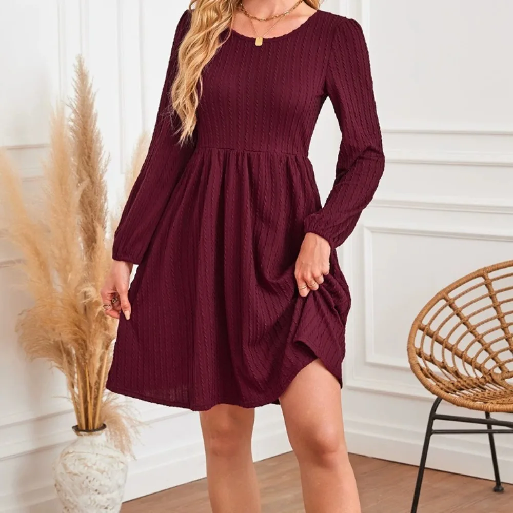 女性のファッションカジュアルコンフォートラウンドネックポケットニット長袖Aラインドレスポケット付きソリッドカラーカジュアル多用途