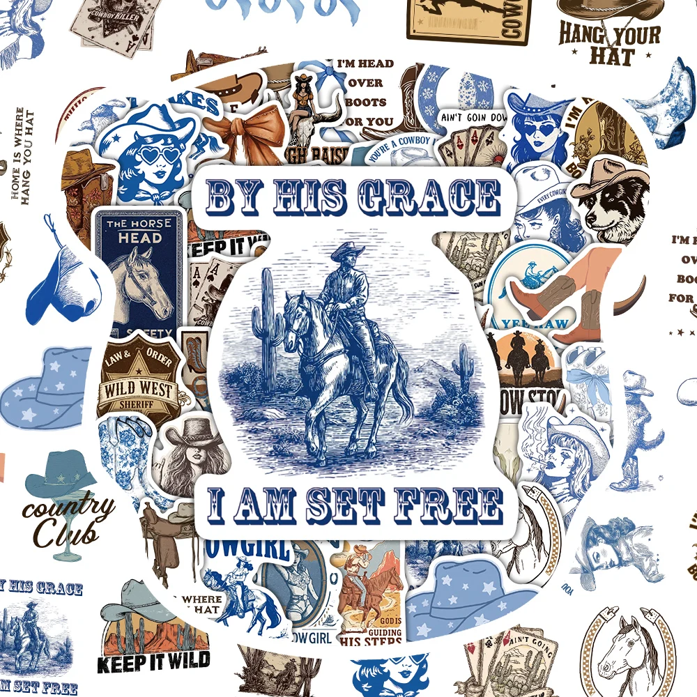 50PCS Retro Blue Brown Cowboy Art Graffiti Stickers Cowboy Girl Mom Cowboy Hat Fashion Decoration Water Cup Scrapbook Phone Case