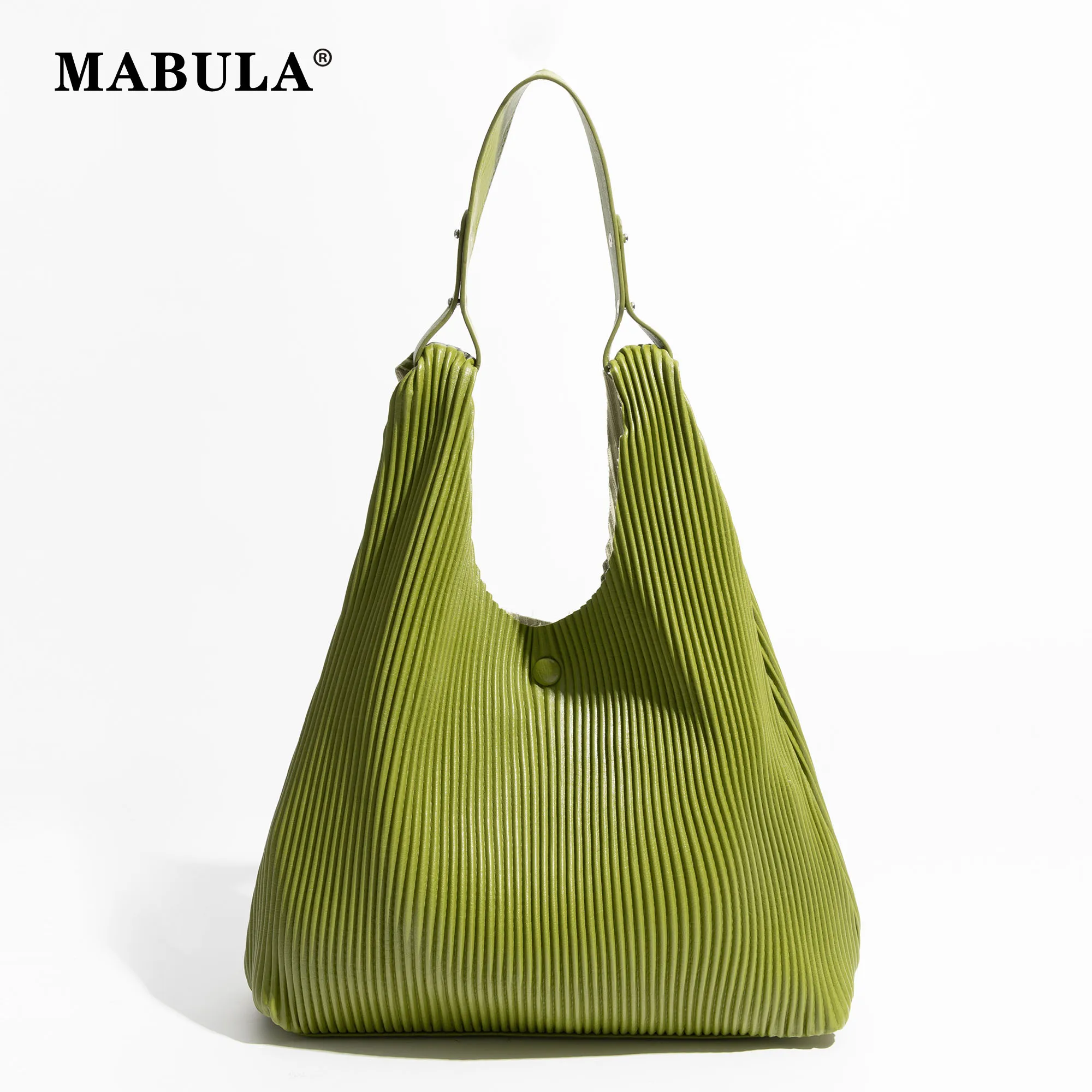 

MABULA PU Leather Fashion Woman Hobo Purse 2pcs Set Pleated Stripe Solid Color Shoulder Bag Simple Casual Top Handle Handbag