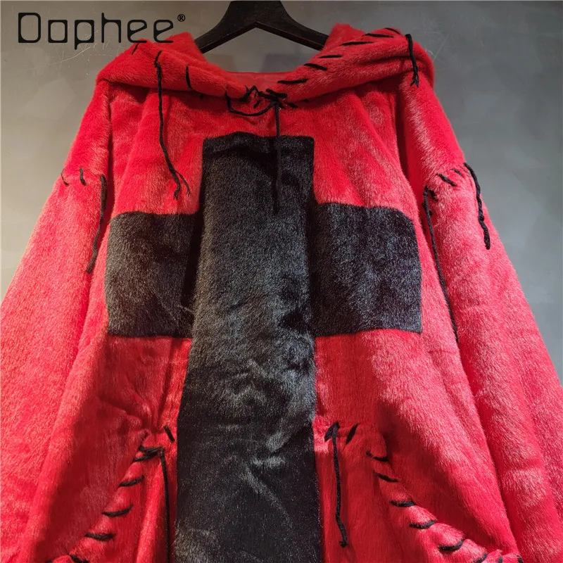 Felpe con cappuccio di media lunghezza alla moda di grandi dimensioni in stile europeo da donna Cappotto peloso con stampa croce gotica stile Harajuku autunno inverno