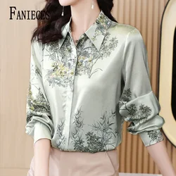 FANIECES S-4XL Plus Size Women Spring Summer Satin Blouses Shirt Lady Casual Long Sleeve Turn-down Collar Print Casual Tops 6665