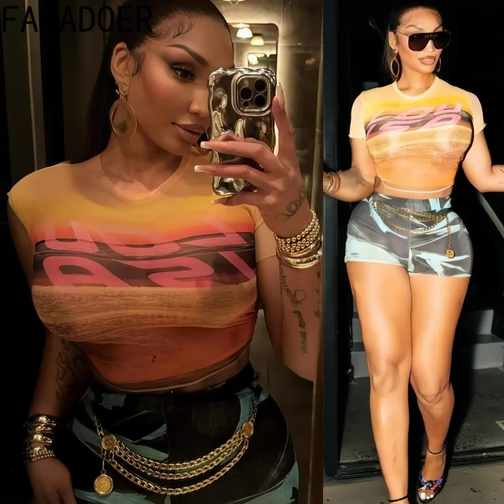 

FAGADOER Fashion Gradient Color Patchwork Two Piece Outfits Woman Short Sleeve Crop Top + Camouflage Shorts Female Streetwear