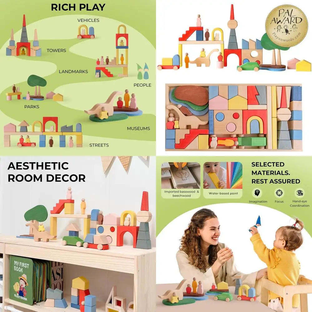 Grandi blocchi di legno a tema Metropolis per bambini dai 1 ai 3 anni, giocattoli impilabili ispirati al Montessori