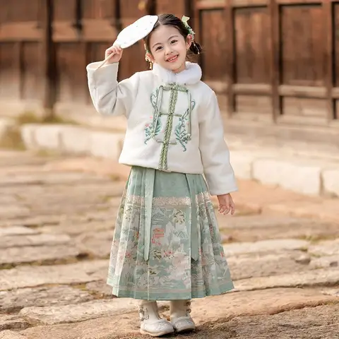 Girls Winter New Warm Down Jackets Horse Face Skirt Hanfu Suit Retro Princess Dress Children Kids Chinese New Year Clothes