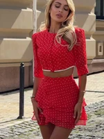 Elegant Printed Ruffle Mini Skirt Set Women Bubble Sleeves Round Neck Cropped Top Layered Skirts Sets 2026 Lady Vacation Outfits - Image 5