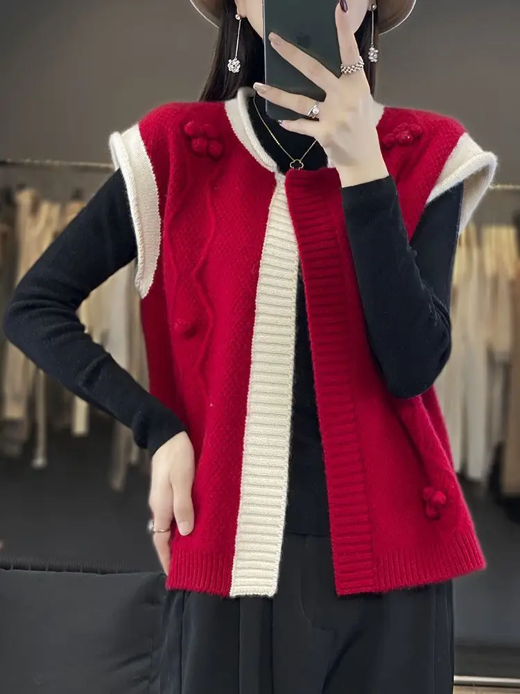 Autumn Winter New Cardigan High-end Vest Women\'s Western-style Round Neck Blocked Sleeveless Knitted Sweater Paired Camisole