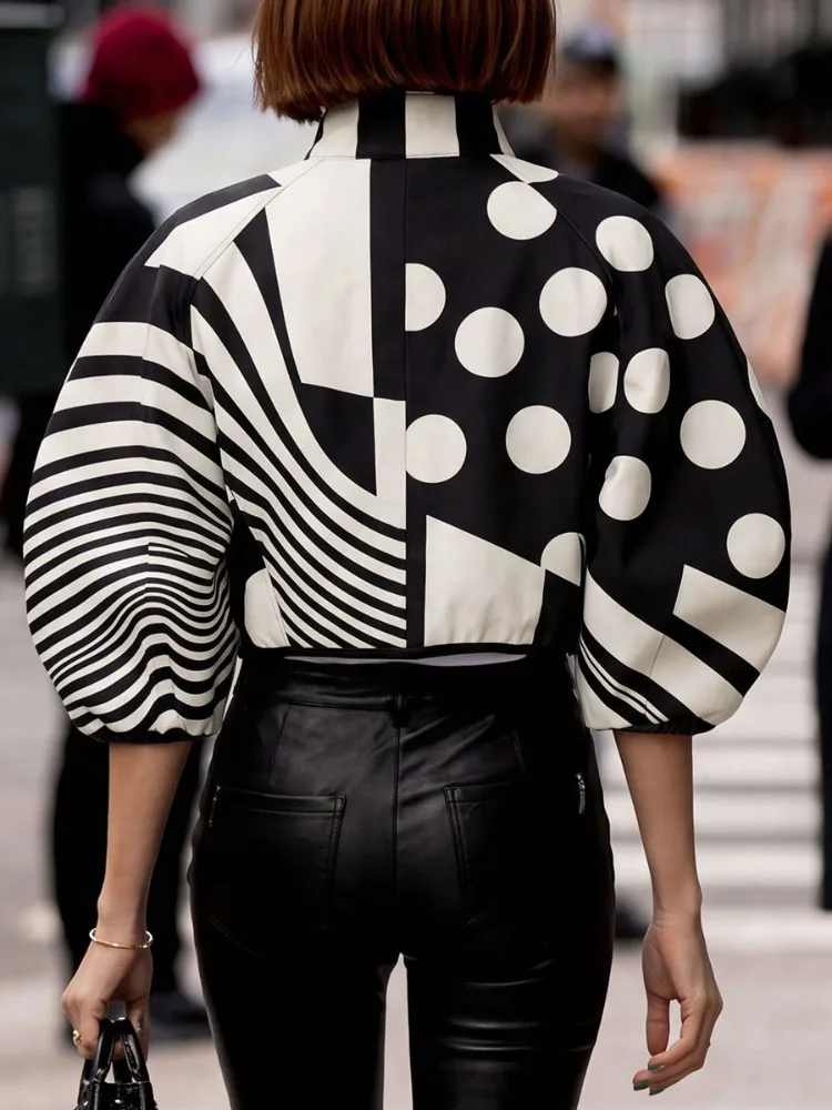 Yeezzi Women Contrast Color Polka-Dot Striped Printed Cropped Jacket Stand Collar Zipper 3/4 Puff Sleeves Casual Short Outerwear