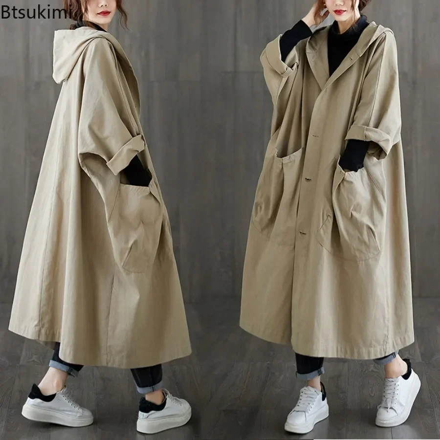 Nieuwe 2023 Dames Trenchcoats Met Capuchon Effen Losse Single-Breasted Lange Jas Voor Dagelijks Dragen Vrouwen Windjack Casual Bovenkleding