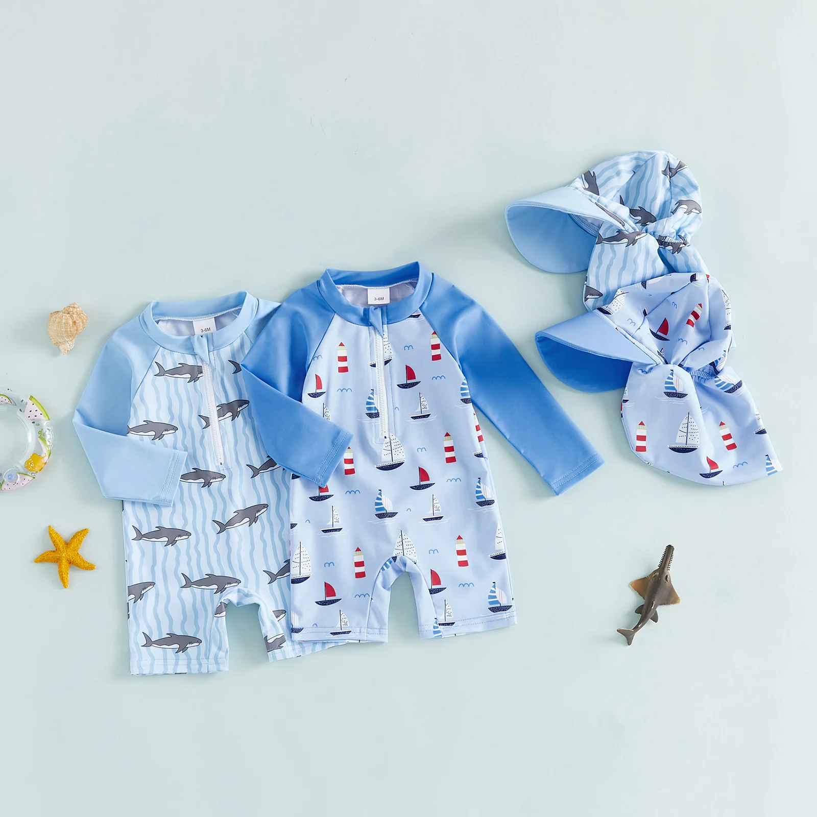 0-5Years Toddler Kids Boys Swimsuit Set Sailboat/Shark Print Crew Neck Long Sleeve Upper Zipper Rash Guard Swimwear and Sun Hat