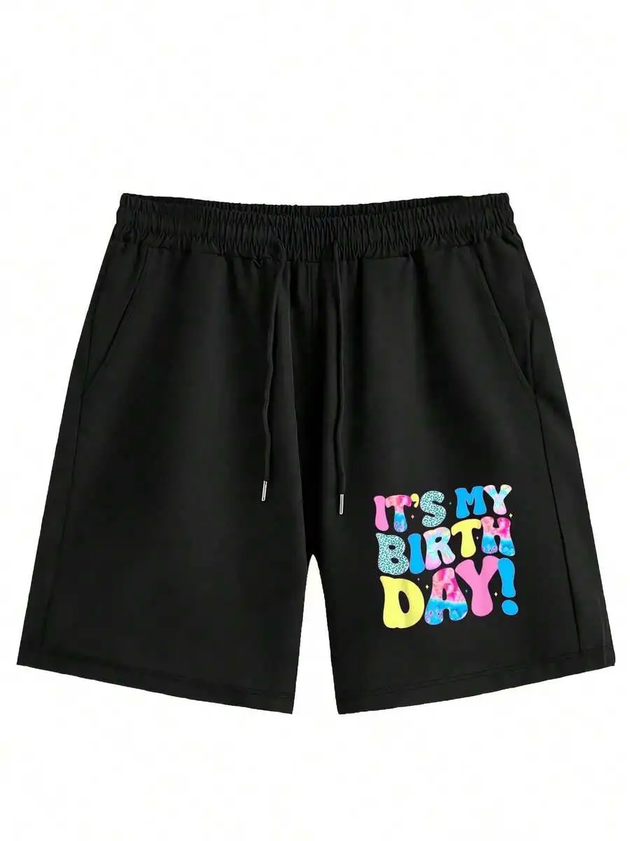 

Mens Casual Shorts With Colorful Birthday Text Print For Beach Party Outdoor Wear