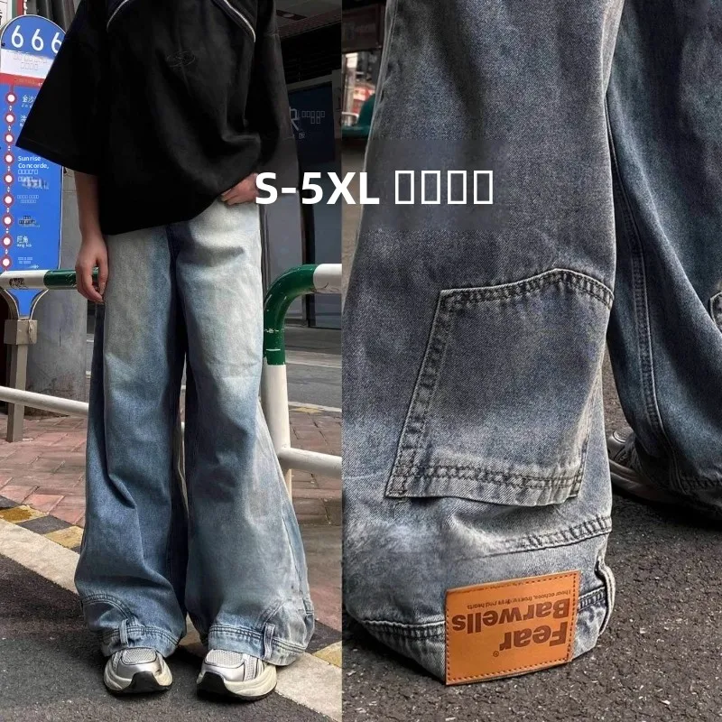 

Мужские джинсы больших размеров с широкими штанинами, осенние, в стиле High Street, с эффектом потертости, дышащие, удобные, свободного кроя