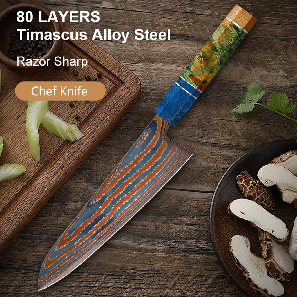 

8 inch chef Knife Timascus knife blade Titanium Damascus steel Super sharp kitchen knife Ebony Wood Handle