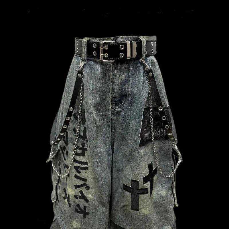 Summer Dark Style Capri Jeans for Women Post-apocalyptic Style Heavy Washed Aged Pleated Personalized Patchwork High Waist Loose