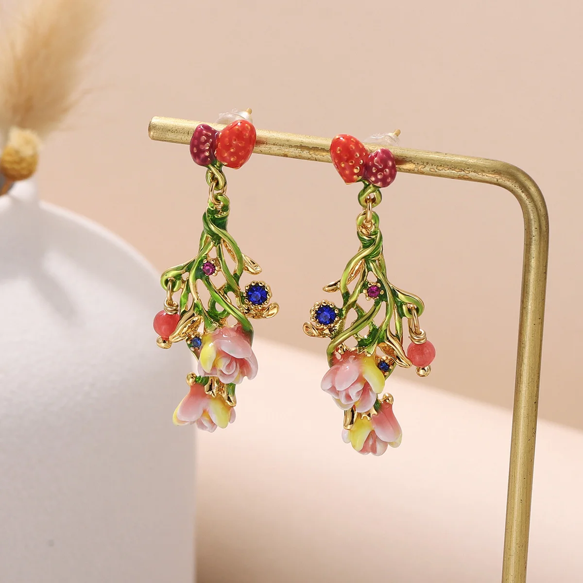 

"Elegant Floral Drop Earrings for Women - Enamel Rose & Berry Design 18K Gold Plated Long Dangle Earrings, Fashion Jewelry Gift