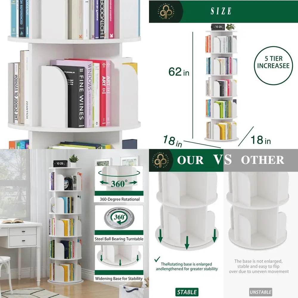 

5-уровневая поворотная книжная полка, высокая, узкая, вращающаяся, белая, идеально подходит для домашних помещений