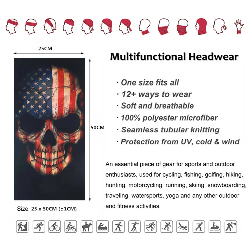 USA Flag Skull Bandana Breathable Cycling Scarf for Men Women Seamless Tube Versatile Headband Running Hiking Face & Neck Gaiter