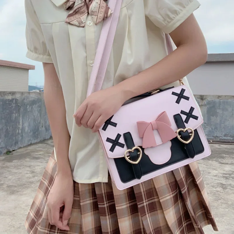 Japanese Lolita Bow Heart Handbags Korean All Match Kawaii Crossbody Jk Bag 2024 New Ins Sweet Shoulder Bags Women Y2k Aesthetic