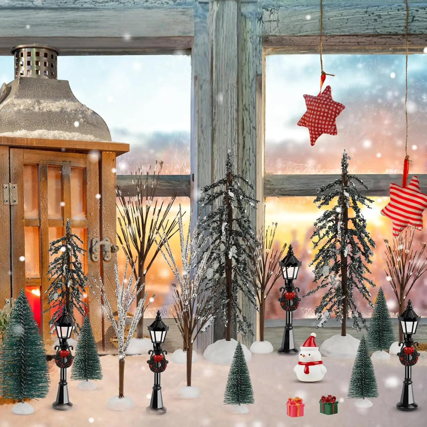 32 قطعة من إكسسوارات قرية عيد الميلاد: أشجار فرشاة الزجاجات، مقعد، ضوء المسار - ديكور صغير للعطلات بنفسك