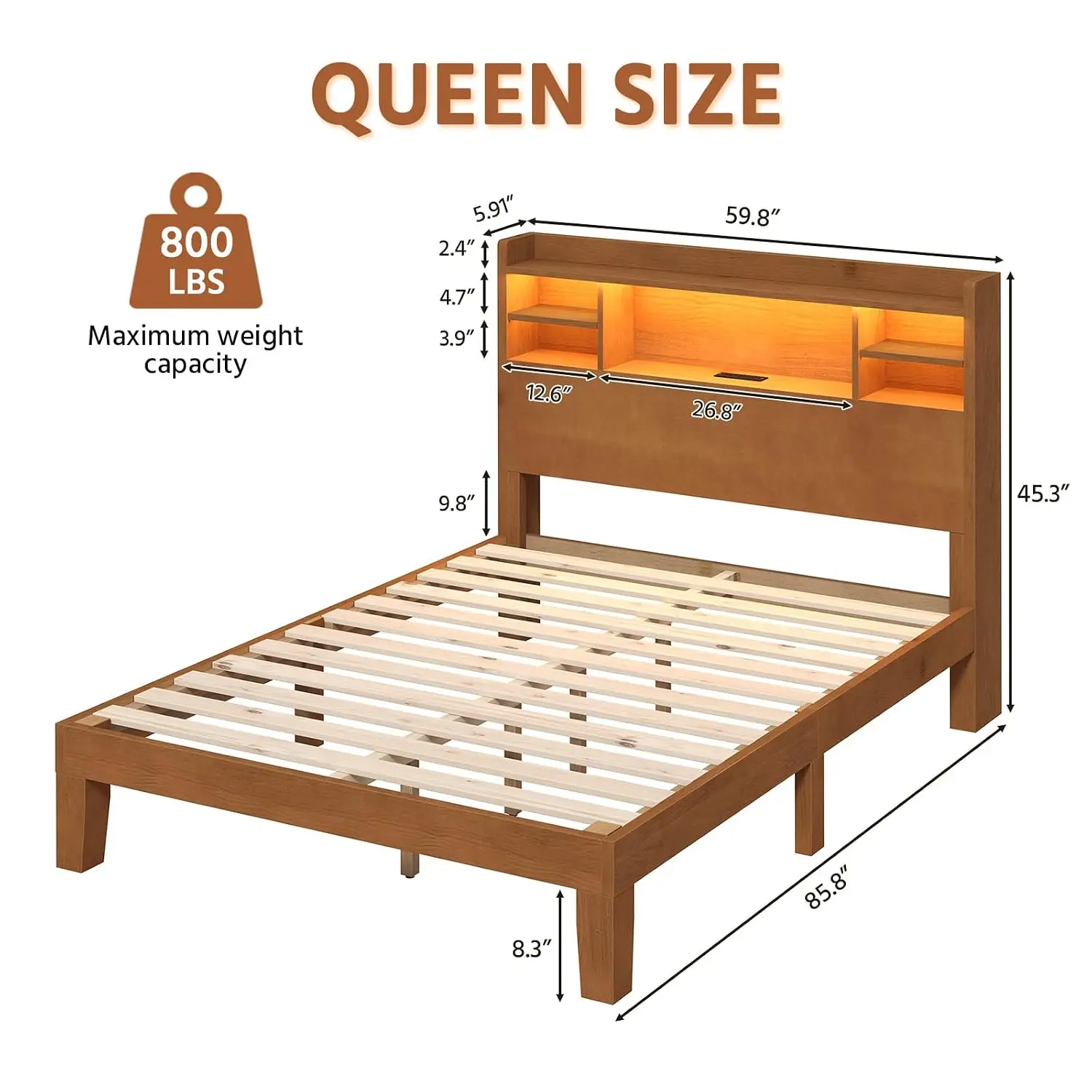 Queen Size Solid Wood Platform Bed Frame with LED Headboard, Remote & App Control, Dimmable & Color-Changing, Customized